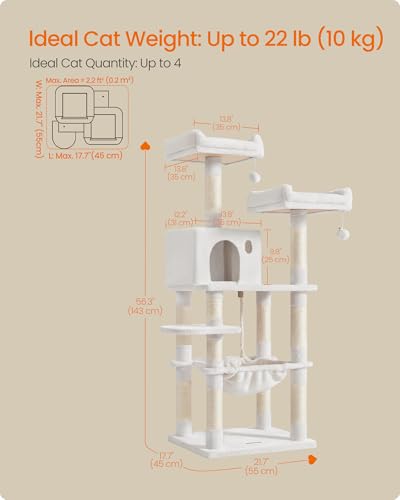 Image of Feandrea Cat Tree, 56.3-Inch Cat Tower for Indoor Cats, Multi-Level Cat Condo with 11 Scratching Posts, 2 Perches, Cave, Hammock, Cream White UPCT015W02