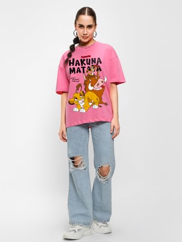 Image of Bewakoof X Disney Hakuna Matata Women's Cotton Graphic Print Oversized Fit Half Sleeve Round Neck T-Shirt | Casual wear | Streetwear | Oversized Tshirt for Woman Cotton| Baggy