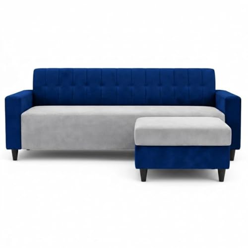Image of FURNY Luxe 4 Seater L Shape Sofa Set with Movable Ottoman | Flexible Left or Right Layout | Plush Velvet Fabric (Dark Blue-Light Grey) | Perfect for Living Room, Guest Room & Office