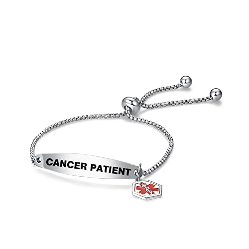 NARTGO Red Medical Alert Cancer Patient Bracelet for Women Men Emergency Medical ID Engraved Adjustable Stainless Steel Chain Wristband Bracelets