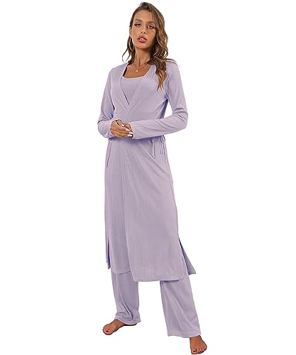 Image of 3 Piece Lounge Sets for Women Airport Travel Outfit | Long Cardigan,Tank Top ,Wide Leg Pants with Pockets,Comfy Loungewear,Casual Chic, Airplane Clothing,Vacation Matching Set