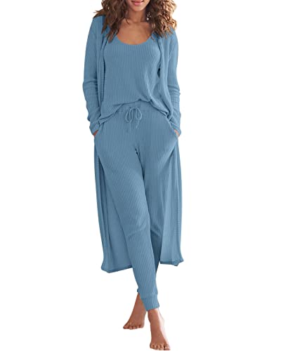 Image of Eurivicy Womens Lounge Set Waffle Knit 3 Piece Pajama Sets Tank Tops Loose Pants with Long Cardigan Loungewear 2026