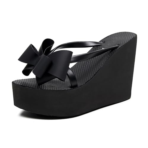 Women'S Bow Lace-Up Platform Wedge Flip Flops Fashion Round Peep Toe Slip-On Platform Flip Flops Summer Casual Beach Parties Sandals