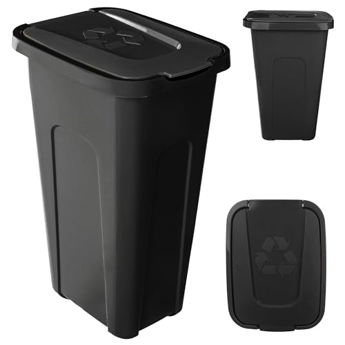 KADAX Poubelle pour tri des déchets 30L, Poubelle robuste avec couvercle à charnière étanche à l'air, Conteneur de déchets pour système de tri des déchets, Poubelle en plastique (1, Couvercle Noir)