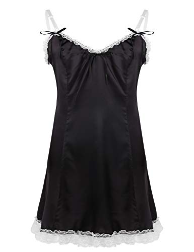 Mens Sissy Lingerie Satin Lace Trim Spaghetti Straps V-Neck Slip Dress Crossdress Chemise Sleepwear Black