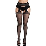 AWFOUGAR Women's High Waist Fishnet Tights Suspenders Pantyhose Thigh High Stockings Black