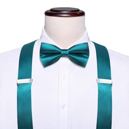 Image of Hi-Tie Men Suspender Bowtie Set Suspenders Pre-tied Bow Tie Pocket Square Cufflinks Adjustable Y Shape 6 Clips Braces Tuxedo