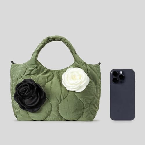 Nylon Quilted Tote Bag Diamond Pattern 3D Flower Crossbody Shoulder Bag Trendy Lightweight 6