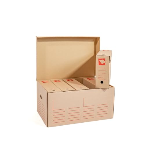Générique Lot de 5 Boîtes d’Archives + 1 Grande Boîte Rangement et Classement | Carton Recyclé Poignées + Couvercle Amovible | Format 52x35x25 cm – Boîtes Dos...