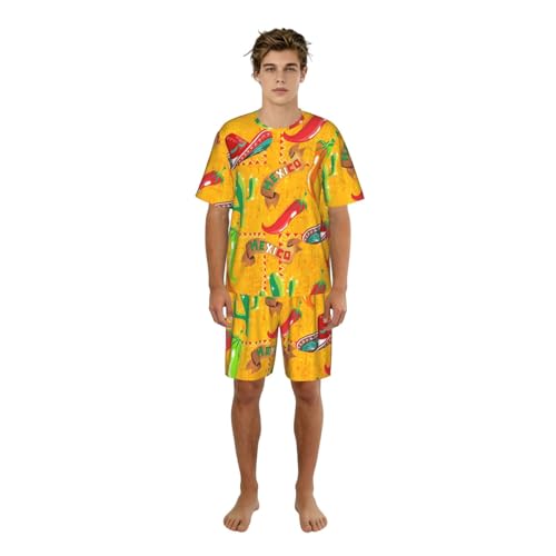Pijama de dos piezas con estampado de cactus y chile para hombre con pantalones de bolsillo
