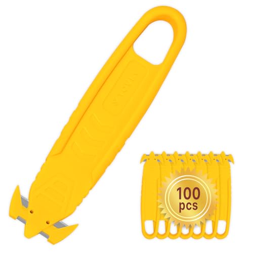 Image of Safety Box Cutter, T TOVIA 100 Pcs Safety Utility Cutter of Stainless Steel Blade Package Opener with Tape Splitter for Cartons, Cardboard, Wrap, Straps, Film (100 PCS- Yellow) | Stainless Steel Blade Package Opener with Tape Splitter for Cartons, Cardboard, Wrap, Straps, Film