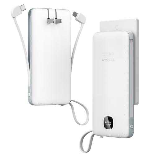 Portable Charger with Built in Cables,TESSAN 10000mAh Power Bank Fast Charging with Foldable Wall Plug Charger, 20W Compact Battery Pack Travel Essentials for iPhone 17/16/15 Series, Samsung