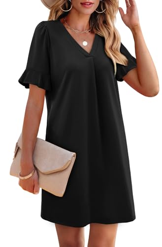 Image of OFEEFAN Summer Dresses for Women Ruffle Short Sleeve V Neck Casual Shift Dress with Pockets