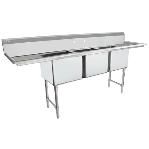 Image of Empura 94 inch Wide Stainless Steel Three Compartment Commercial Sink | Utility 18 inch x 18 inch Bowl for Restaurant Laundry Garage | (2) 18 inch Drainboard, 9.75 inch Backsplash, 94 inchW x 23.5 inchD x 44.25 inchH, 16 Gauge, NSF