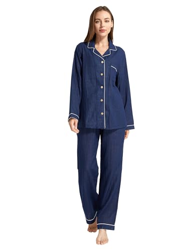 Image of Womens Muslin Pajama Set 100% Cotton Double Gauze Linen Like | Breathable Soft Comfort Button Up Loungewear Sleepwear PJ Set
