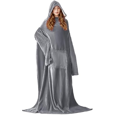 L'AGRATY Sherpa Wearable Blanket with Sleeves Pocket and Hat - Extra Long Warm Soft Fleece Cozy Functional Blankets - Gifts for Women Girlfriend Mom Wife and Daughter (Grey) Cover