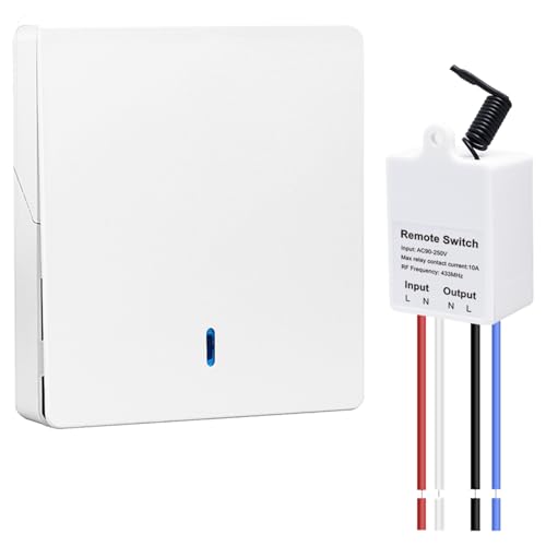 QIACHIP RF 433 MHz Interruptor inalámbrico - Transmisor de pared + receptor de relé 10 A, alcance 25 m, 1500 W máx. compatible con lámparas LED/CFL