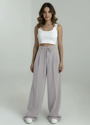 Image of Aahwan OffWhite Solid High Fabric Belt Waist Straight Korean Loose Pleated Wide Leg Trouser for Women's & Girl's