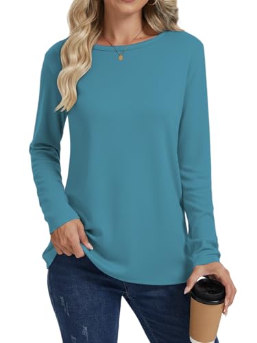 Cuptacc T Shirt Damen Casual Tops Rundhals Bluse Damen Langarm Coole Shirts Frauen Kleidung Basic Longsleeve Blaugrün M 38-40