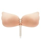 Strapless Self Adhesive Bra, Push Up Invisible Silicone Bras for Women with Drawstring Design, Suit For Wedding and Party Dress (D, Beige)