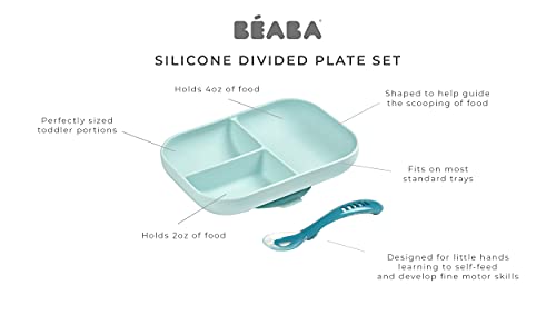 Miniatura 3 de BÉABA Set Comida, Plato Compartimentado de Silicona con Ventosa + Cuchara de Silicona, Adhiere a la mesa/bandeja de la trona, Compatible con el microondas, Azul