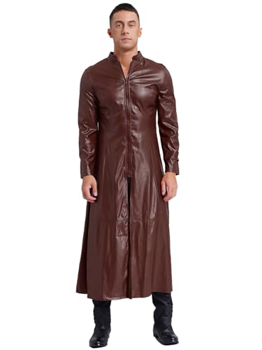 YiZYiF Mens Retro Shiny Leather Vintage Long Coat Trench Steampunk Gothic Jacket Overcoat Clubwear