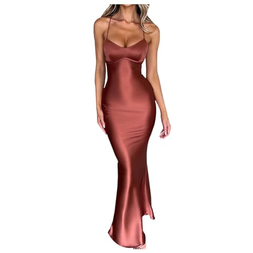 Schwarzes Enges Kleid Rückenfreies Spaghettiträgerkleid aus Satin, sexy, ärmelloses Midikleid mit Schnürung an der Taille und schlankmachender...
