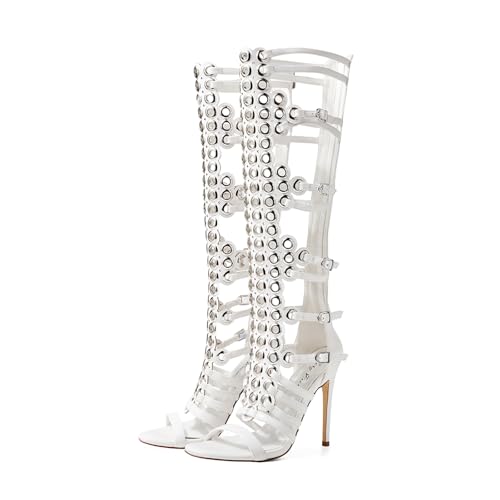 Women's 4.3IN Hollow Open Toe Knee High Boots Metal Buckle Stiletto Heels Nightclub Party Wedding Shoes3