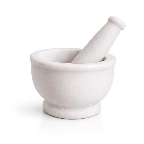 Image of White Marble Mortar and Pestle Set 5 Inch Natural Stone Spice Hand Grinder for Kitchen Herbs Masala Garlic Crusher Heavy Duty Khalbatta for Home Cooking