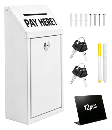 Cash Box for Farm Stand, Money Box with Lock and Slot, Metal Donation Box Wall Mount Pre Drilled, Cash Drop for Home Office Outdoors Self-Serve Stand, Tips, Fundraising (White)