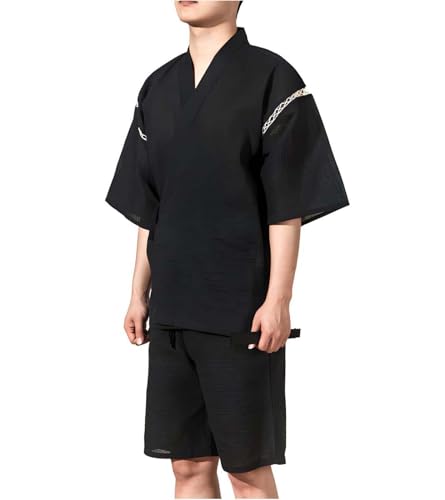 ZEALMAX Men's Kimono Japanese Shirt and Shorts Suit, Cotton Linen Loungewear Lounge Set Spa Bathrobe, Black