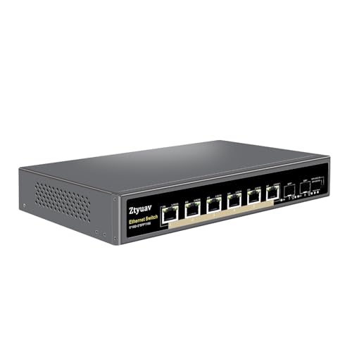 Image of 8 Port Unmanaged 10Gbe Ethernet Switch with 6 x 10Gb RJ-45 Ports, 2 x 10Gb SFP+ Ports, Ports Speed Auto-Negotiation-1000M /2.5G /10G, One-Key VLAN, Build in Cooling Fan & Metal Shell, Plug & Play