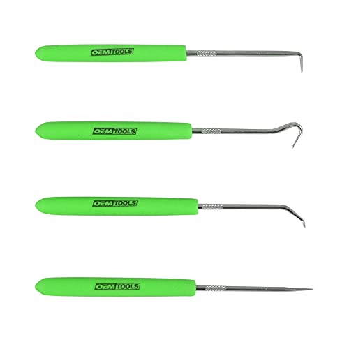 Image of OEMTOOLS 26535 4 Piece Hook and Pick Set, Green Handled Pick Tool Set, Tool Hooks for Precision Projects, O Ring Pick Set, 4 Hook Tool Kit