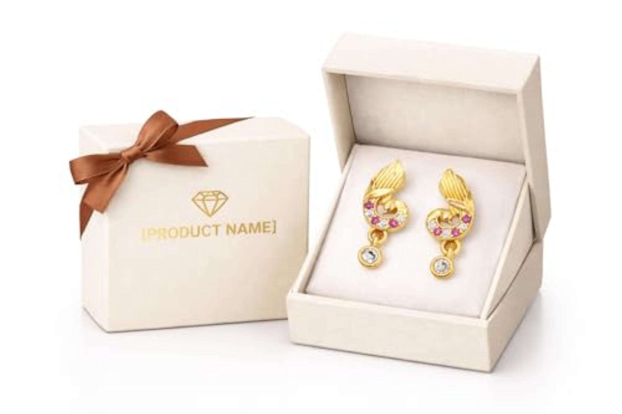 Gold Plated Peacock Stud Earrings with Pink Stone Drop