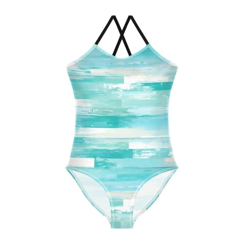 KLL Teal Turquoise Green Painted Wood Toddler Girls 1 Piecing Bathing Suit Summer Swimwear Adjustable Strap UPF 50+