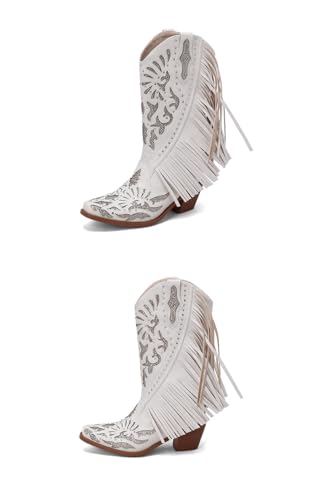 Geerta Fringe Cowboy Boots for Women Mid Calf Western Boots Embroidery Cowgirl Pull-On Pointy Toe & Wide - Plus Size Retro Comfortable Walking Standing All Day Trending Fashion Lightweight Running2