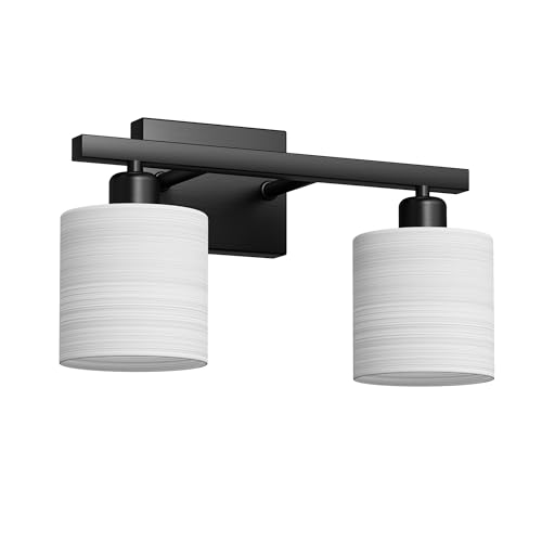 PARTPHONER Bathroom Light Fixtures, Bathroom Lighting Fixtures Over Mirror, Interior Classic Vanity Lights, Modern Vanity Light with Textured White Glass Shade, Matte Black, 2-Light