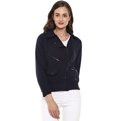 Image of PINACOLADA Spread Collar Navy Blue Solid Stylish Zipper Casual Jackets