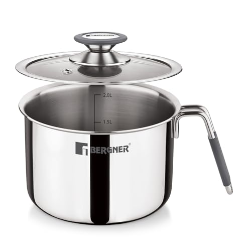 Image of Bergner Argent Triply Stainless Steel 17cm (2.5L) Milk Boiler with Glass Lid, Steam Vent, Flared Rim, Stay Cool Cast Handle with Silicone Grip, Even and Faster Heating, Easy to Clean, Induction Bottom