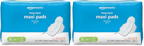 Image of Amazon Basics Feminine Maxi Pads with Flexi-Wings for Periods, Long Length, Super Absorbency, Unscented, Size 2, 32 Count, (Previously Solimo) (Pack of 2)