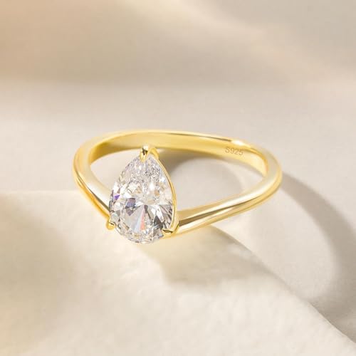 EAMTI 2CT 925 Sterling Silver Engagement Rings for Women Pear CZ Bands Solitaire Cubic Zirconia Curved Wedding Promise Gold Rings for Her Size 7.5 — view 3