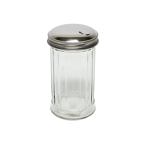 TrueCraftware- 12 oz. Glass Sugar Dispenser Pourer Shaker with Stainless Steel Lid w/Side Flap Cover- Paneled design Sugar Cinnamon Sugar Pepper Powder Cocoa Shaker for Kitchen and Restaurants