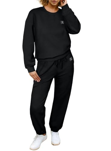 Herseas Womens 2 Piece Letter Patched Outfits Textured Long Sleeve Crewneck Sweatshirt with Jogger Pants Lounge Set