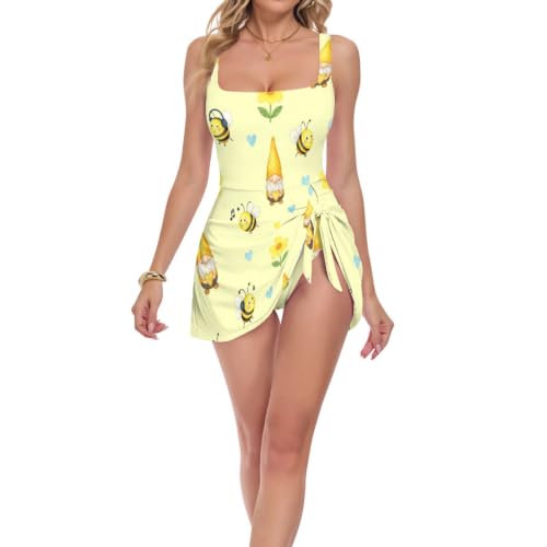 Maillot de bain double bretelles confortable à imprimé abeille jaune unique