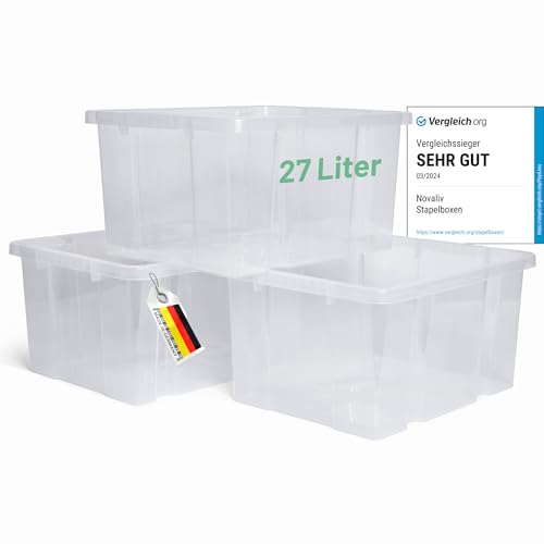 Novaliv 3x Aufbewahrungsboxen ohne Deckel 27L transparente Nestbar Drehstapelbox Euroboxen Kunststoffboxen BPA-frei 44,5x35,5x23 cm für Kistenregal