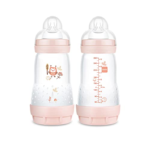 Image of MAM Easy Start Matte Anti-Colic Baby Bottles, 9 oz (2 Count), Medium Flow Nipples, Baby Girl,2 Count (Pack of 1)