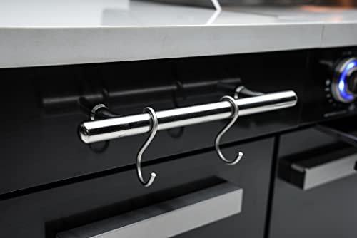 Mont Alpi Premium 70"W x 24"D Black Stainless Steel Compact Outdoor Kitchen Island with Access Doors + 32"W 4-Burner BBQ Grill with Infrared Rear Burner + Storage Cabinets + White Granite Countertops