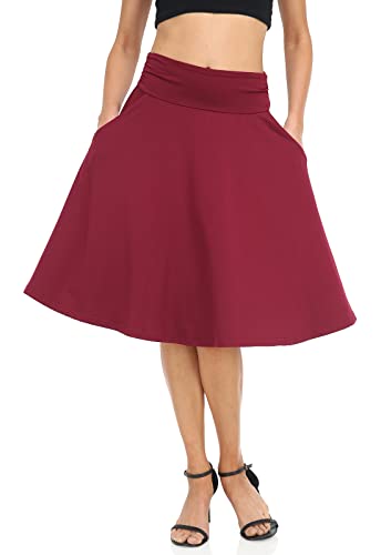 Carpetcom Women's High Waist Solid Stretch Flare Skirt Knee Length Office Working Traveling Skirts Wine Red #TOP4