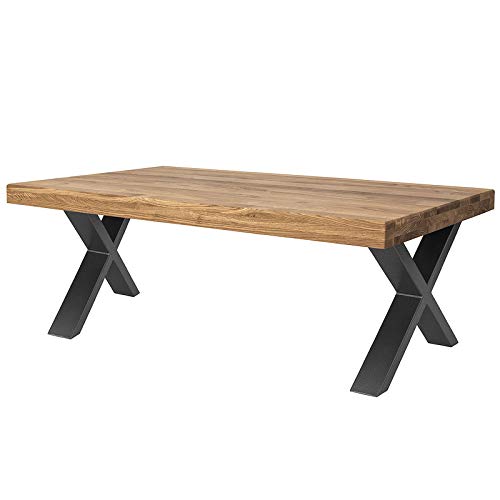 COMIFORT Mesa de Centro - Mueble para Cafe Salon Comedor Oficina Robusto y Moderno de Roble Macizo Color Ahumado, Altura 45 cm, Patas de Acero X-Forma Grafito (140x75 cm)
