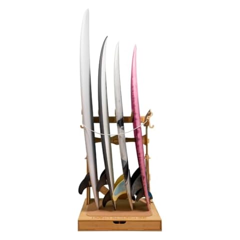 LISS Spirit Rack, Vertical Surfboard Rack Stand Holder for 3 & 4 Boards, Indoor Surf Rack Storage Display for Longboard, Shortboard, Snowboard, Wakeboard, Skateboard Up to 10Ft Long Cover